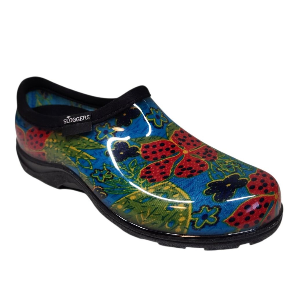 Womens Sloggers Slip On Garden Shoes Size 6 Waterproof Mule Clog Blue Red Flower